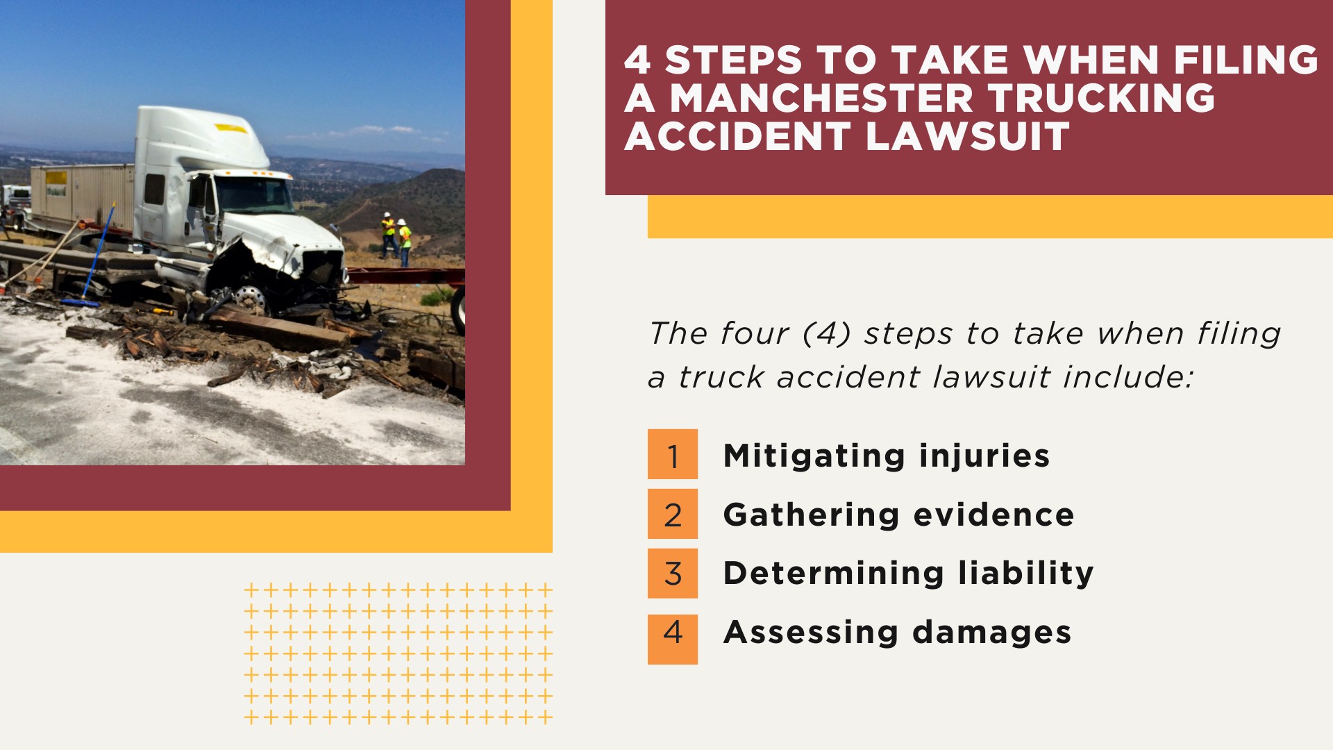 The #1 Manchester Truck Accident Lawyer; Manchester Truck Accident Lawyer; 6 Questions to Ask When Hiring a Manchester Truck Accident Lawyer; Commercial Truck Accidents in Manchester, Missouri (MO); Truck Accident Facts & Statistics; Manchester Commercial Trucking Rules & Safety Regulations for Truck Drivers; The 8 Most Common Causes of Truck Accidents in Manchester (MO); 4 Steps to Take When Filing a Manchester Trucking Accident Lawsuit; 4 Steps to Take When Filing a Manchester Trucking Accident Lawsuit