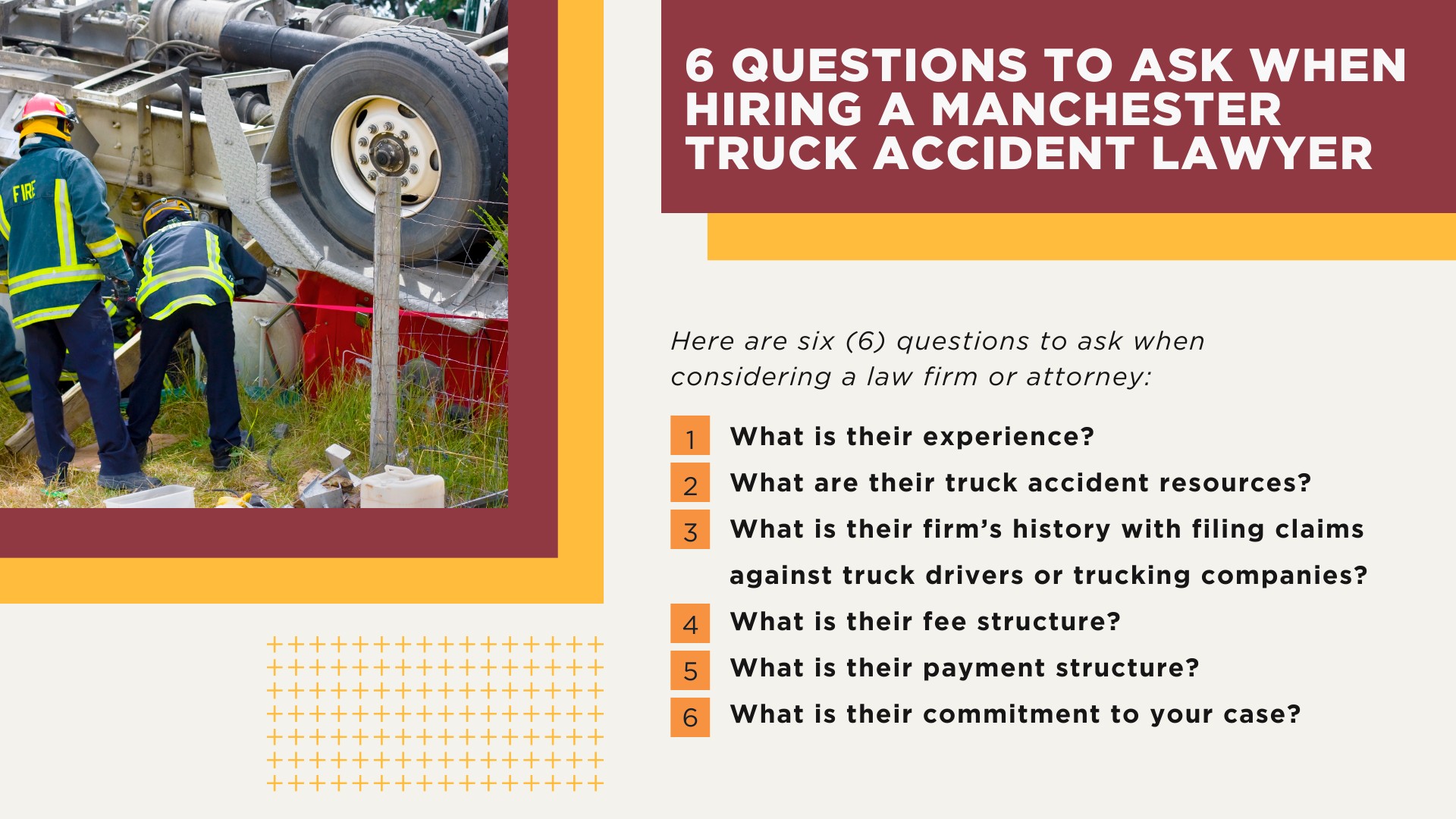 The #1 Manchester Truck Accident Lawyer; Manchester Truck Accident Lawyer; 6 Questions to Ask When Hiring a Manchester Truck Accident Lawyer