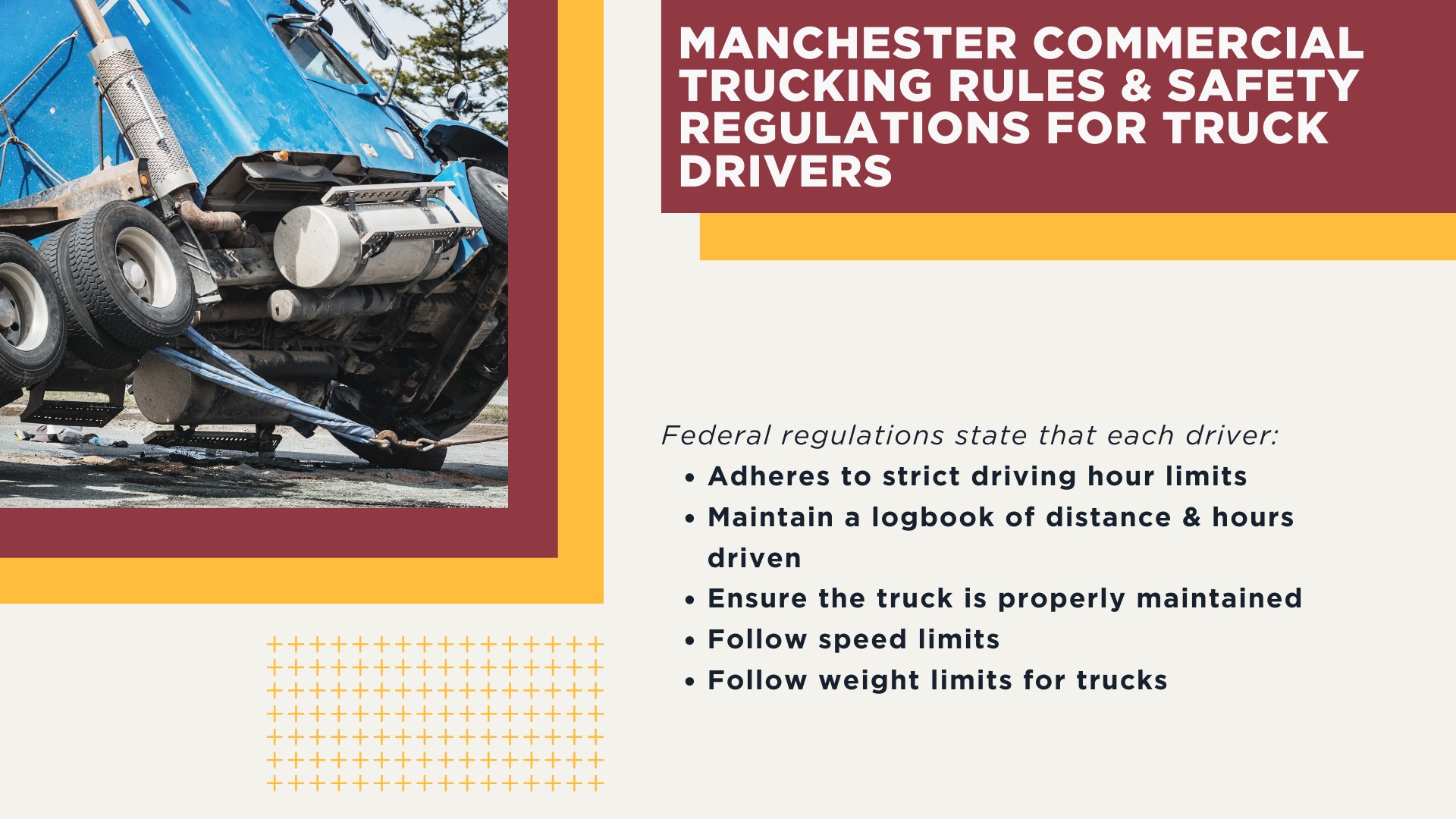 The #1 Manchester Truck Accident Lawyer; Manchester Truck Accident Lawyer; 6 Questions to Ask When Hiring a Manchester Truck Accident Lawyer; Commercial Truck Accidents in Manchester, Missouri (MO); Truck Accident Facts & Statistics; Manchester Commercial Trucking Rules & Safety Regulations for Truck Drivers