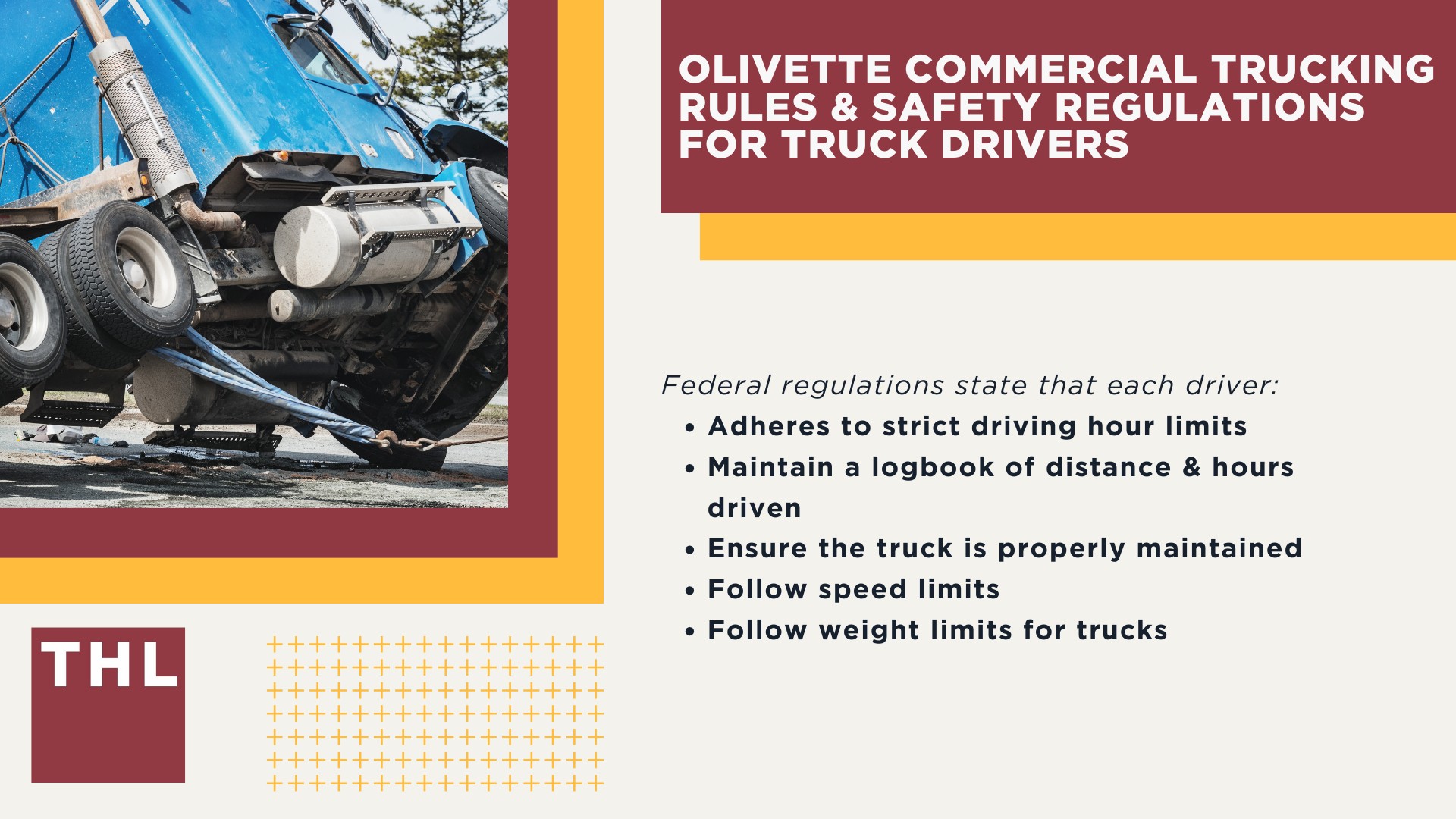 The #1 Olivette Truck Accident Lawyer; Olivette Truck Accident Lawyer; 6 Questions to Ask When Hiring an OlivetteTruck Accident Lawyer; Commercial Truck Accidents in Olivette, Missouri (MO); Truck Accident Facts & Statistics; Olivette Commercial Trucking Rules & Safety Regulations for Truck Drivers