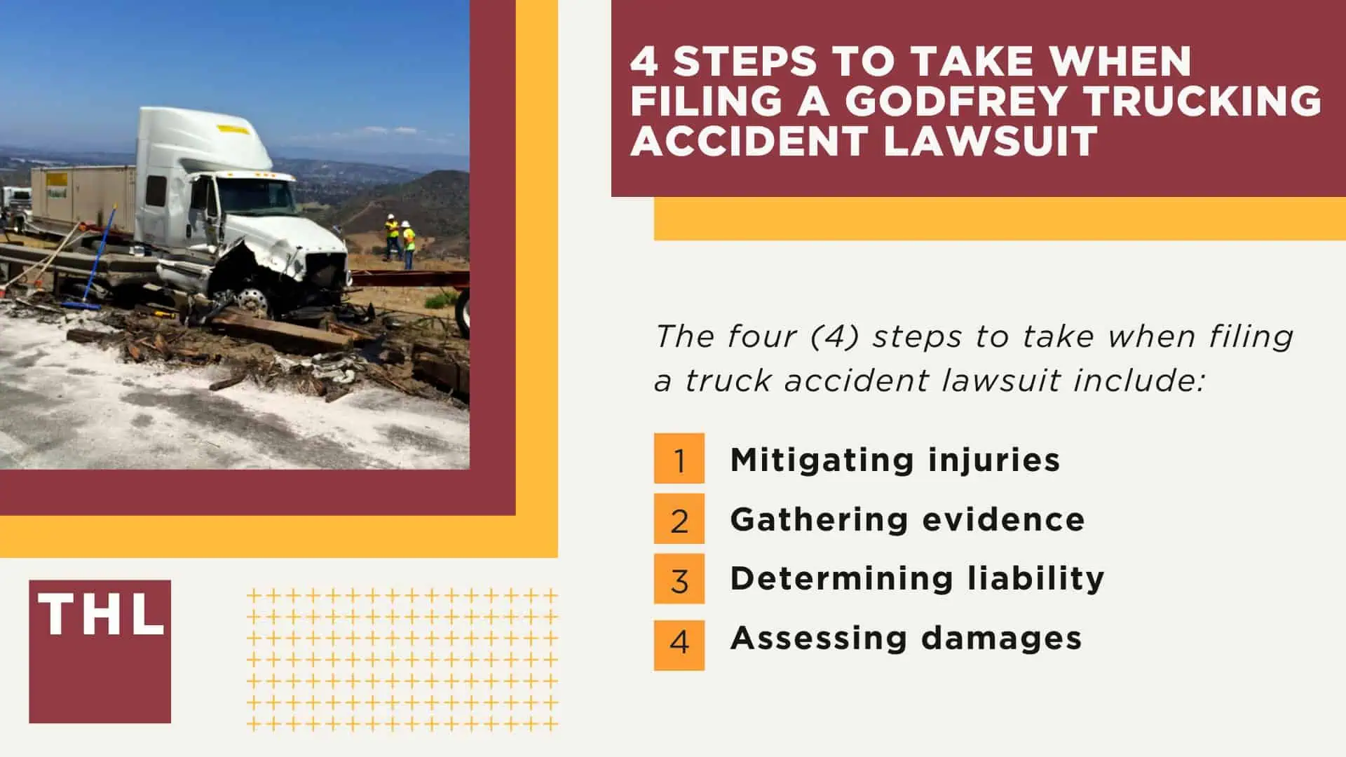 The #1 Godfrey Truck Accident Lawyer; Godfrey Truck Accident Lawyer; 6 Questions to Ask When Hiring a Godfrey Truck Accident Lawyer; Commercial Truck Accidents in Godfrey, Illinois (IL); Truck Accident Facts & Statistics; Godfrey Commercial Trucking Rules & Safety Regulations for Truck Drivers; The 8 Most Common Causes of Truck Accidents in Godfrey (IL); 4 Steps to Take When Filing a Godfrey Trucking Accident Lawsuit